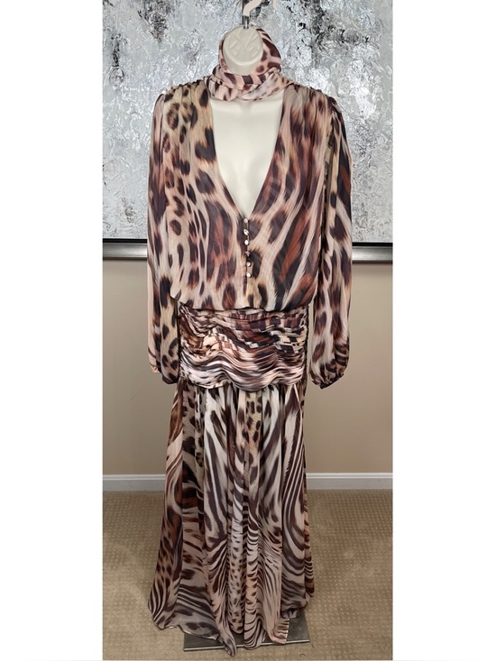 RETROFETE Opaline Long Sleeve Animal Print Ruched Draped Neck Maxi Dress Sz XS - Picture 4 of 9